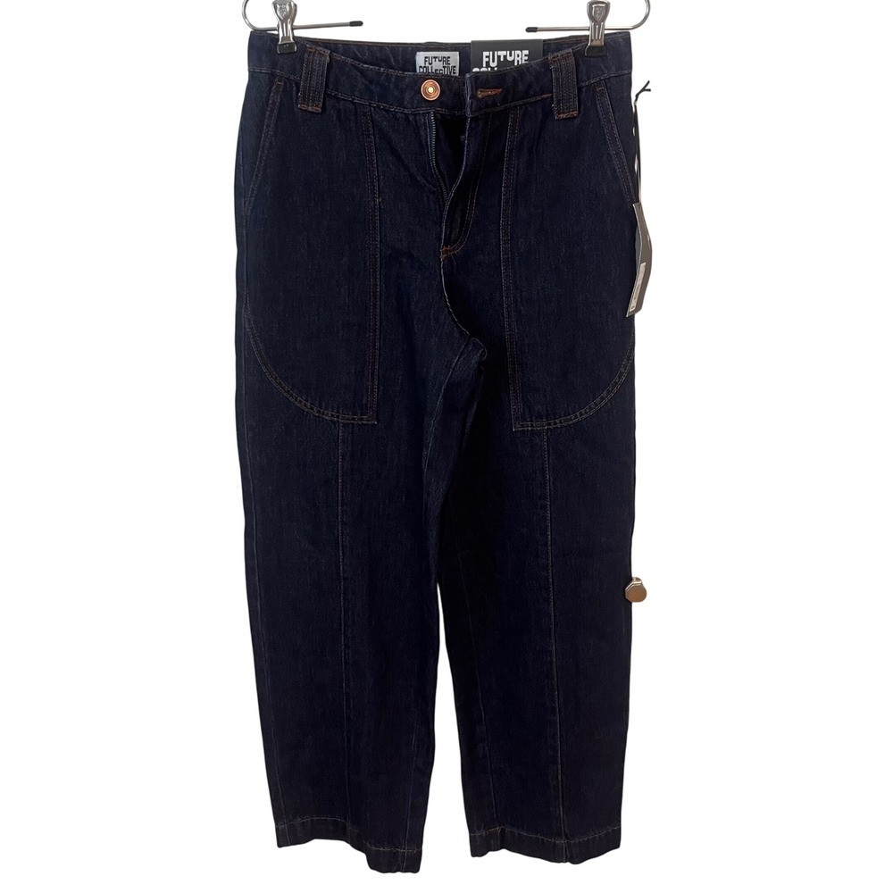 NWT Future Collective Straight Leg Cropped Carpenter Jeans Size 2 Dark Wash - Picture 3 of 6